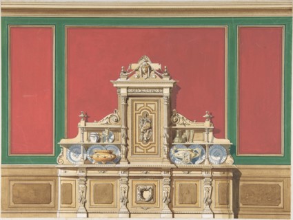 Interior Design for Large Display Cabinet against Red and Green Panelling, late 19th century (?).