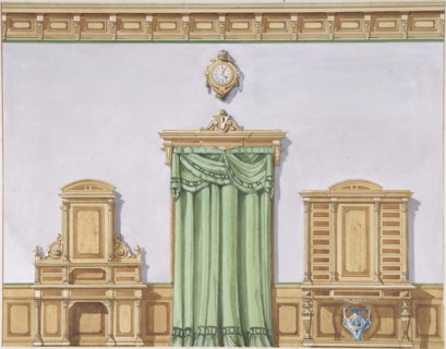 Interior Design with a Central Door Covered by Green Drapery and Two Cabinets, late 19th century (?).