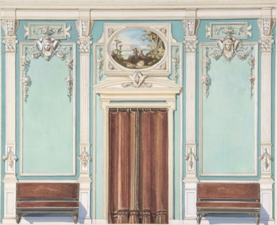 Interior Design with a Central Door with Brown Curtains Flanked by Benches, against an Aquamarine Wall, with an Overdoor Painting, late 19th century (?).