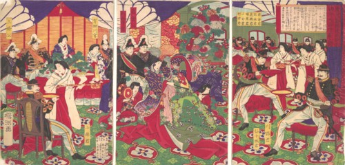 Leaders of the Pacification of the Kagoshima Rebels Celebrating with Cups of Wine from the Emperor (Kagoshima zokuto chinsei ni yotte shosho tenhai chodai no zu), September 20th, 1877.