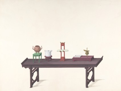 Long, Low Purple Lacquer Table with Objects, 19th century.