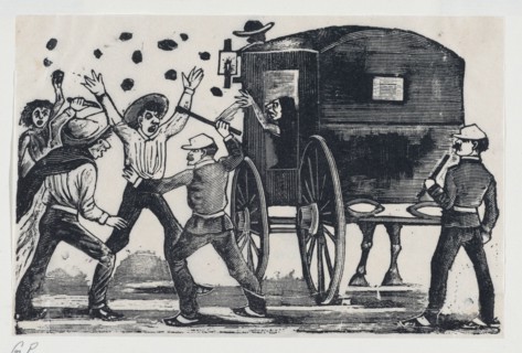Men fighting near a horse and carriage, ca. 1900-1910.