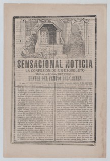 News story about the sighting of a skeleton inside a church, a man lies on the floor and a cloaked figure exits to the right, 1903.