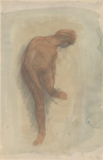 Nude female figure holding left foot, 1900-1912.