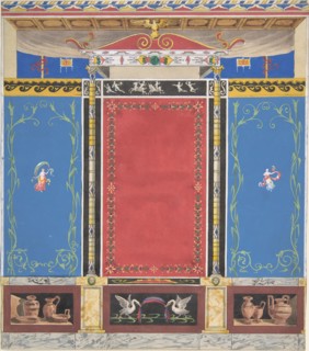 Painted Wall Decor Featuring Thin Column with a Pair of Swans and Trompe L'Oeil Vases at Base, 19th century.