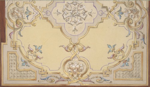 Partial design for the decoration of a ceiling with scrolls and swags of fruit, 1830-97.