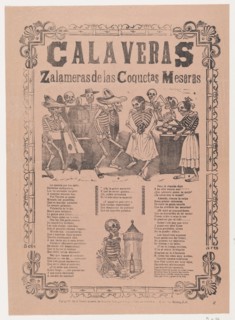 Skeletons (calaveras) dancing and drinking, corrida in bottom section, Ca. 1910.