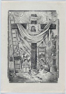 The cross decorated with instruments of the passion of Christ, two weeping angels below, ca. 1900-1913.