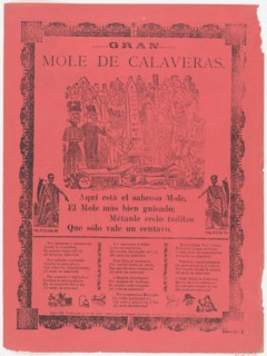 The grand skeleton mole, skeletons eating mole and drinking in a cemetery (Posada); flanked by skeletons holding scythes (Manilla), 1902.