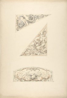 Three designs for painted decorative motifs featuring griffins and scrollwork, 1830-97.