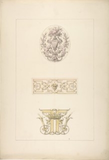 Two designs for decorative panels and one design for an ornamental monogram with a crown and the initials: FF, 1830-97.