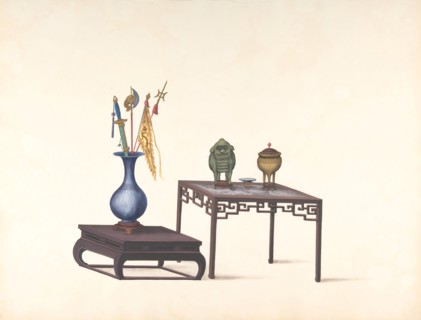 Two Tables, One Low with Large Vase and Objects, One Higher with Covered Pot, Lion and Small Bowl, 19th century.