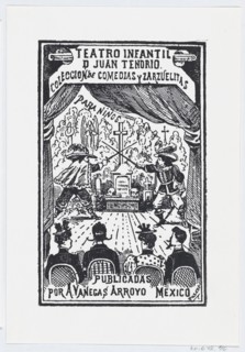 Two men dueling on a stage in front of an audience, illustration for 'Teatro Infantil de Juan Tenorio,' published by Antonio Vanegas Arroyo, ca. 1880-1910.