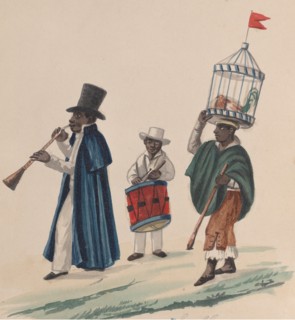 Two musicians and a man carrying on his head a rooster in cage, from a group of drawings depicting Peruvian costume, ca. 1848.