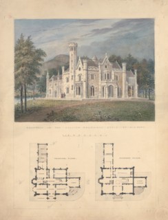 Villa for Robert Donaldson, Fishkill Landing, New York (perspective and plans), 1834.