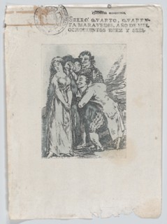 What a sacrifice', a young woman surrounded by a group of men, which includes her fiancé, a rich hunchback, copy in reverse of Goya's Plate 14 from 'Los Caprichos', after 1816.