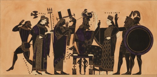 Print of the Decoration on a Greek Amphora, showing Hephaestus, Hera, Poseidon, Apollo, Zeus, Athena, Eileithyia, Heracles and Ares, c1844.