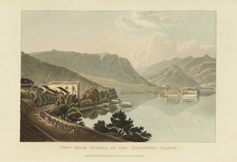 View from Stresa of the Beautiful Island (Isola Bella, Lago Maggiore), before 1820.