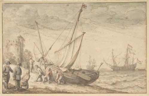 Fisherfolk Hauling their Boat onto the Shore, n.d..