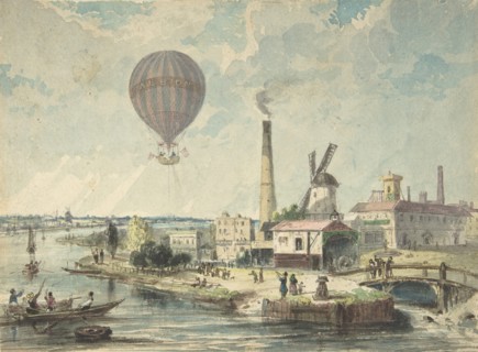 Mr. Green in the Albion Balloon, Having Ascended from Vauxhall Gardens, August 12,1842, ca. 1842.