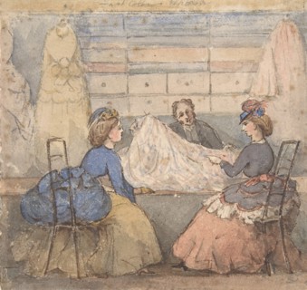 Two Women Looking at Fabric in a Shop, 19th century.