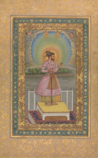 Shah Jahan on a Terrace, Holding a Pendant Set With His Portrait, Folio from the Shah Jahan Album, recto: 1627-28; verso: ca. 1530-50.