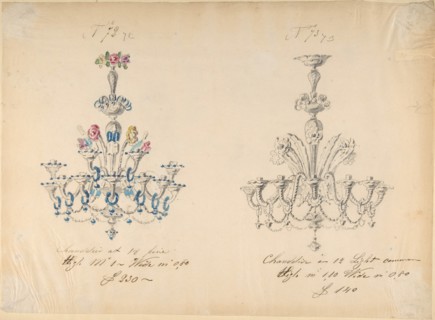 One of Twenty-Three Sheets of Drawings of Glassware (Mirrors, Chandeliers, Goblets, etc.), 1850-80.