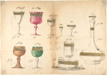 One of Twenty-Three Sheets of Drawings of Glassware (Mirrors, Chandeliers, Goblets, etc.), 1850-80.