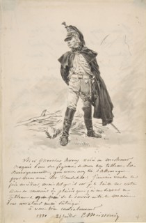 Letter to Samuel P. Avery with a drawing of a military figure, 1880.