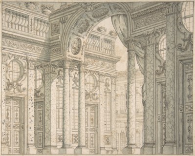 Design of a Perspective for a Stage Set with Courtyard and Triumphal Arch., ca. 1675-1743.