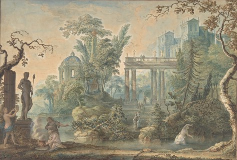 Arcadian Landscape with several Figures and a Statue of Apollo, 18th century.