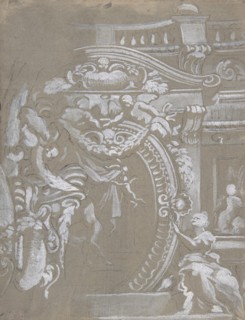 Ornamental Design for a Wall Monument Surmounted by a Balustrade with Human Figures, Angels Holding Garlands and Draperies (recto and verso)., 1647-1726.