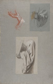a. Hand of Saint Remi; b. Hand of Saint Remi; c. Drapery Study for Acolyte Holding Book (middle register); (studies for wall paintings in the Chapel of Saint Remi, Sainte-Clotilde, Paris, 1858), 19th ...