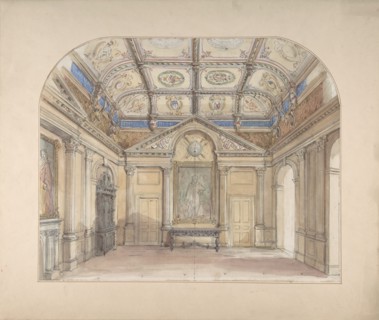 Interior with coffered ceiling and Corinthian order applied to walls, 19th century.