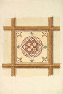 Design for a Coffered and Painted Ceiling in Rust and Olive Green, with a Quatrefoil Motif, 19th century.