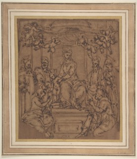 Virgin and Child Enthroned with Saint Anthony Abbot, Saint Peter, Saint Paul, Saint Julian the Hospitaler, Saint Roch, and Saint Mary Magdalen?, 1522-23.