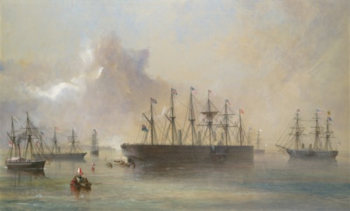 The Atlantic Telegraph Cable Fleet Assembled at Berehaven (Southwest Coast of Ireland): Ships, the Great Eastern, H.M.S. Terrible, the Alby, the Medway and the William Cory, 1866.