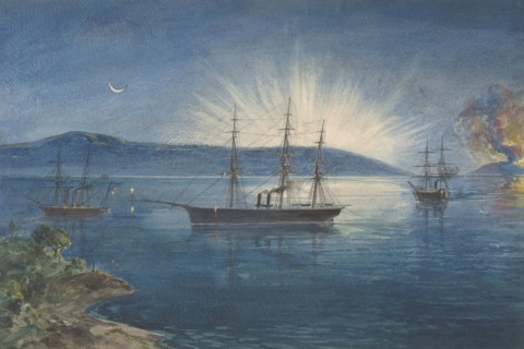 The Bay of Bull Arms, Trinity Bay, Newfoundland, Bonfires Lighted on the Hills to Notify of the Arrival of the Cable Fleet on August 5th, 1858, 1865-66.