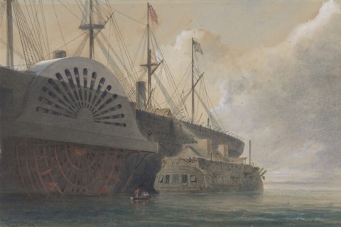 The Old Frigate Iris with Her Freight of Cable Alongside the Great Eastern at Sheerness: The Cable Passed from the Hulk to the Great Eastern, 1865.