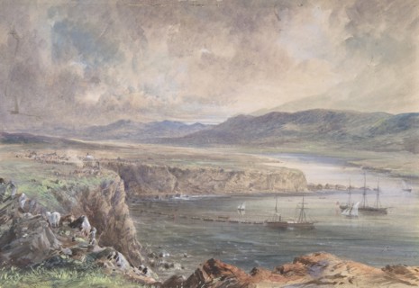 Foilhummerum Bay, Valentia, Looking from Cromwell Fort: The Caroline and Boats Laying the Earth Wire, July 21st, 1865, 1865-66.