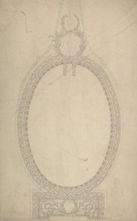 Design for a Girandole Mirror, an Oval Resting on an Oblong Base, Terminated by Two Superimposed Circular Frond-motifs, Topped with a Lion's Head from Which Hang Floral Swags and Pendants, ca. 1775.