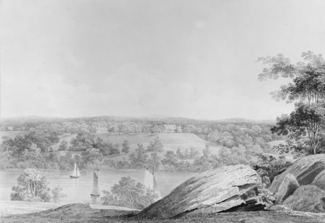 View of the David Hosack Estate at Hyde Park, New York, from Western Bank of the Hudson River (from Hosack Album), ca. 1832.