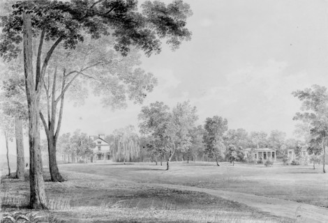 View of the David Hosack Estate, Hyde Park, New York, from the South (from Hosack Album), ca. 1832.