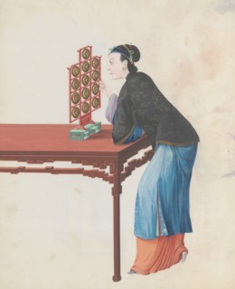 Watercolour of musician playing yunluo, late 18th century.