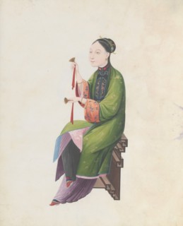 Watercolour of musician playing bo, late 18th century.
