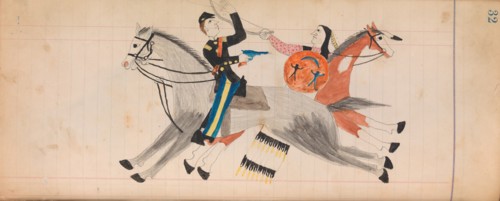 Maffet Ledger: Indian and soldier on horseback, ca. 1874-81.