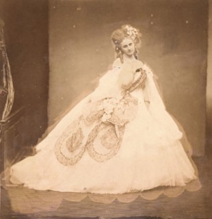 La Bisi. Boudoir, robe velour gris, moire rose, fleurs roses, feuilles grises (de sa mai, au revers.), 1860s.