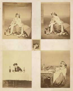 [Album page with ten photographs of La Comtesse mounted recto and verso], 1861-67. Top left: [La Comtesse with Horn, Umbrella and Bottles]; top right: [La Comtesse Blowing Horn]; center: [La Comtesse ...
