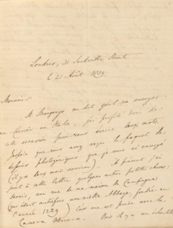 [Manuscript Letter from W. H. Fox Talbot to Antonio Bertoloni], 1839.