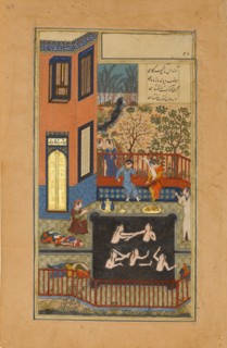 The Eavesdropper, Folio 47r from a Haft Paikar (Seven Portraits) of the Khamsa (Quintet) of Nizami, ca. 1430.